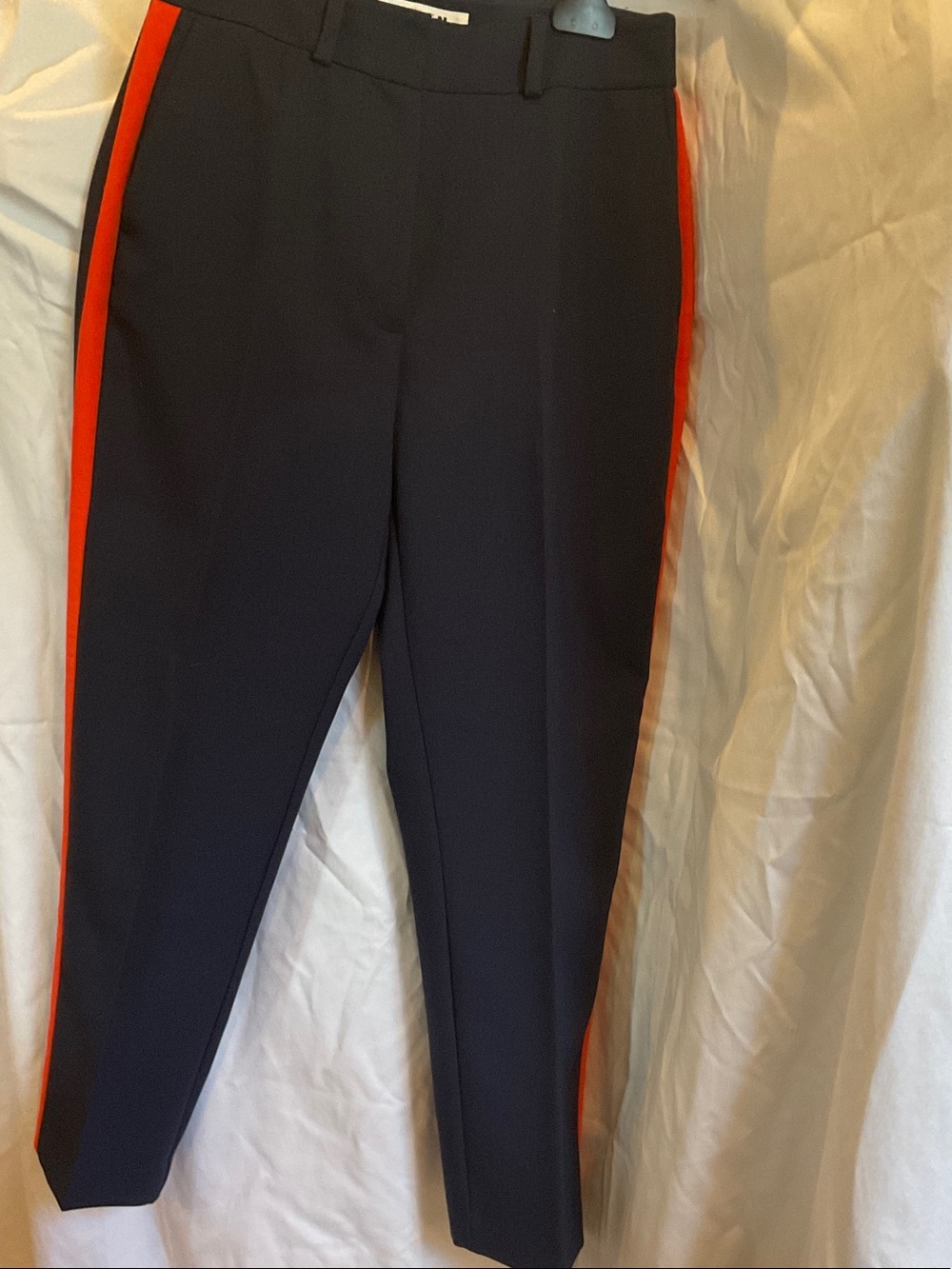 Boden Navy Cropped Tapered Pants with Red Side Stripe
